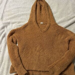 POL Tan V-Neck Hooded Sweater